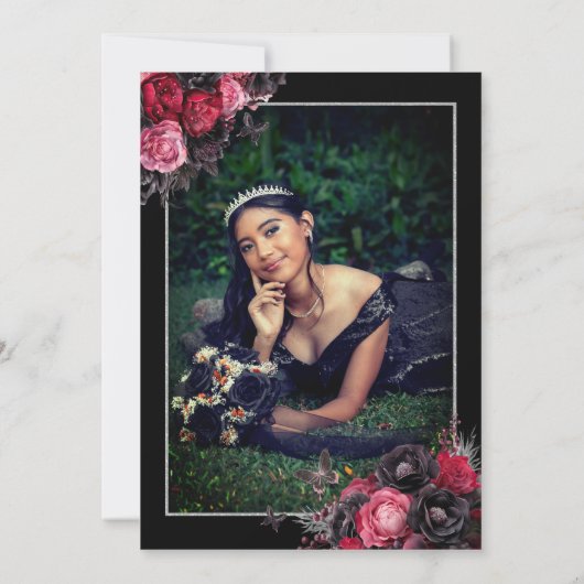 Gothic Roze Rood & Zwart Moody Bloemen Quinceañera Kaart (Achterkant)