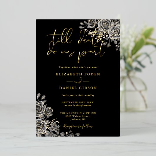 Gothic Rozen Bloem Foto Bruiloft Zwart En Goud  Folie Uitnodiging (Staand Voorkant)