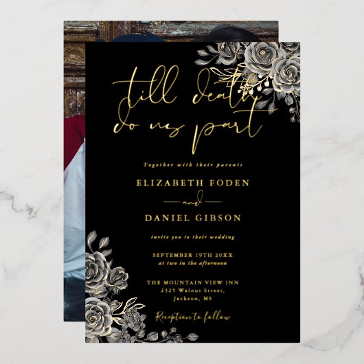 Gothic Rozen Bloem Foto Bruiloft Zwart En Goud  Folie Uitnodiging (Voorkant / Achterkant)
