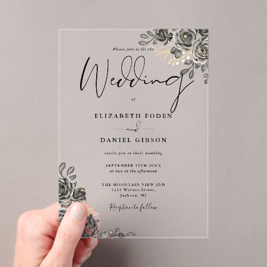 Gothic Rozen Bloem Zwart En Goud Huwelijk Acryl Uitnodigingen (Insitu (Draagbaar))