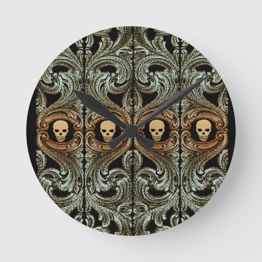 Gothic Sage Green Ornaming with Skull Ronde Klok (Voorkant)