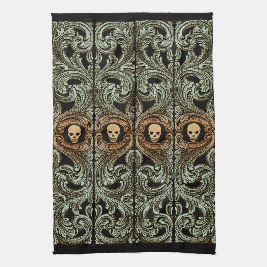 Gothic Sage Green Ornaming with Skull Theedoek (Verticaal)