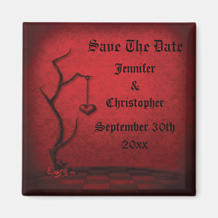 Gothic Save The Date Heart Tree & Red Damask Magneet