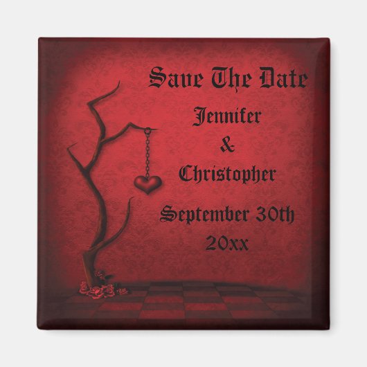 Gothic Save The Date Heart Tree & Red Damask Magneet (Voorkant)