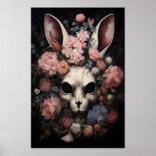 Gothic Schedel Konijn Print, Donkere Bloemrijke Ha Poster