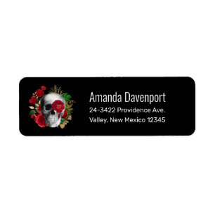 Gothic schedel met rode bloemen en gouden bladeren etiket