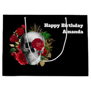 Gothic schedel met rode bloemen en gouden bladeren groot cadeauzakje