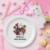 Gothic schedel met rode bloemen en gouden bladeren papieren bordje (Feest)