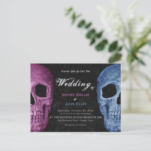 Gothic Schedel Pink Blauw Hallowedding Uitnodiging Briefkaart (Staand voorkant)