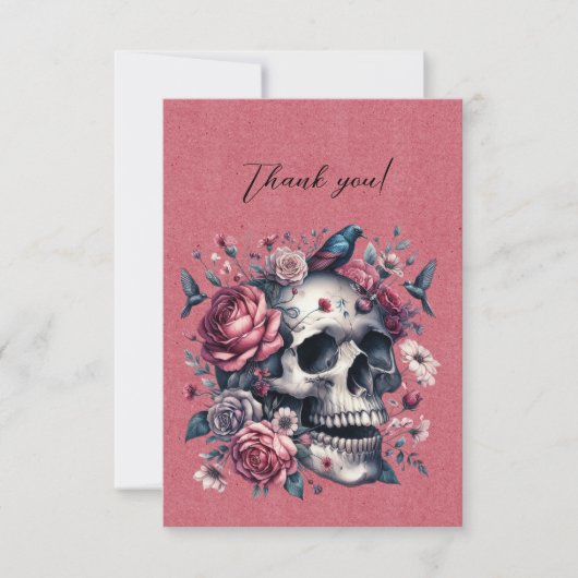 Gothic Schedel Vogels Bloemen Op Roos Rood Dank U Bedankkaart (Voorkant)