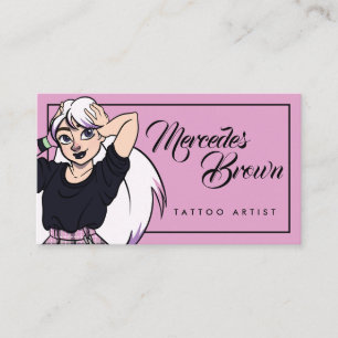 Gothic Script Cartoon Girl Pink Tattoo Artist Visitekaartje