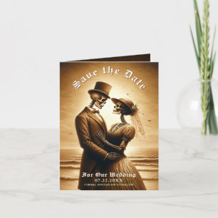 Gothic Sepia Skelet Koppel Trouw Save the Date Aankondiging