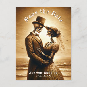 Gothic Sepia Skelet Koppel Trouw Save the Date Aankondigingskaart