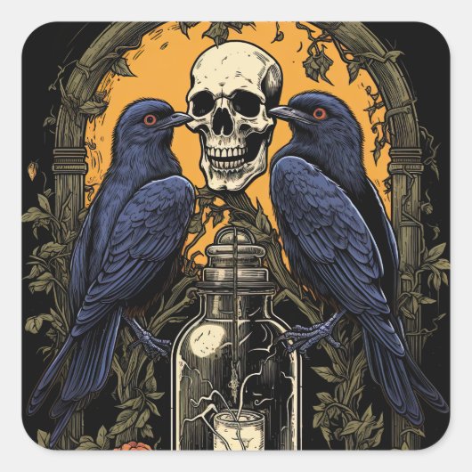  Gothic Skelet Schedel Raven Poison Halloween Vierkante Sticker (Voorkant)