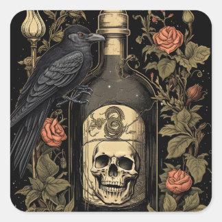  Gothic Skelet Schedel Raven Poison Halloween Vierkante Sticker