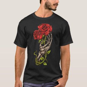 Gothic Skeleton Hand Red Rose Flower Love and Deat T-shirt