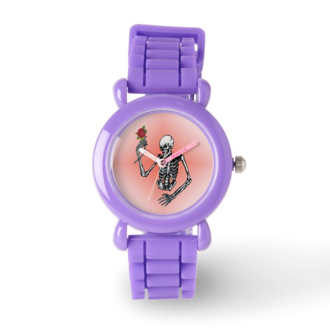 Gothic Skeleton Single Red Rose Horloge (Voorkant)