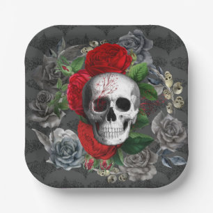 Gothic Skeleton Skull Red Roses Grey Floral Paper Papieren Bordje