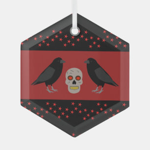 Gothic Skull and Guardian Ravens Halloween Glas Ornament