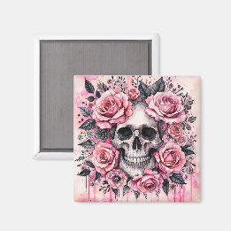 Gothic Skull and Pink Roses Waterverf Art Magneet