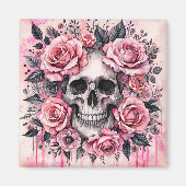 Gothic Skull and Pink Roses Waterverf Art Magneet (Voorkant)