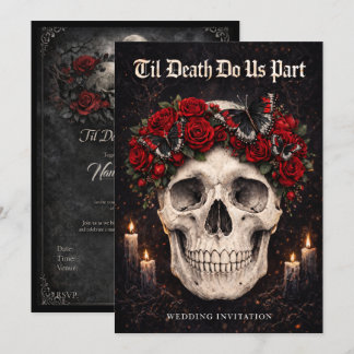 Gothic Skull and Roses Wedding Invitation Kaart