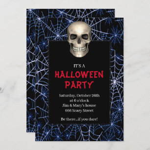 Gothic Skull Blue Spider Web Halloween Party Kaart