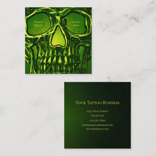 Gothic Skull Face Green Neon Metallic Tattoo Shop Vierkante Visitekaartje (Voorkant / Achterkant)