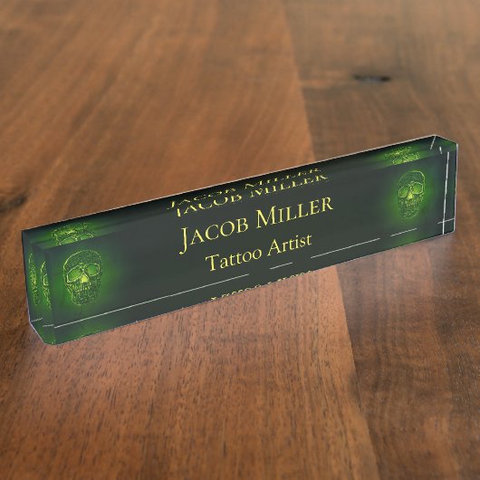 Gothic Skull Green Neon Metallic Tattoo Artist Naambordje (Zijkant)