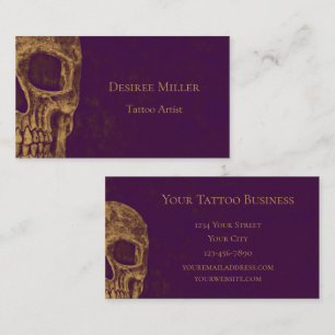Gothic Skull Head Gold Paars Tattoo Shop Visitekaartje