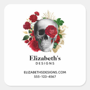 Gothic Skull met Red Flowers Business Vierkante Sticker