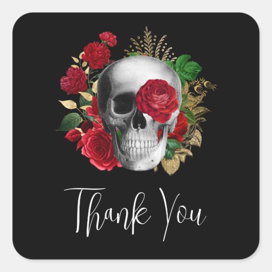 Gothic Skull met Red Flowers Hartelijk dank Vierkante Sticker (Voorkant)