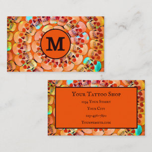 Gothic Skull Oranje Black Pop Art Pattern Monogram Visitekaartje