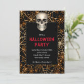Gothic Skull Oranje Spider Web Halloween Party Kaart (Staand voorkant)