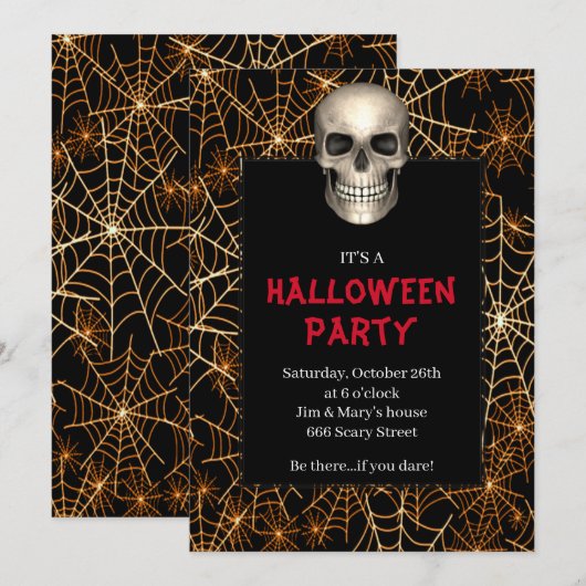 Gothic Skull Oranje Spider Web Halloween Party Kaart (Voorkant / Achterkant)