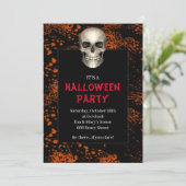 Gothic Skull Oranje Splatter Halloween Party Kaart (Staand voorkant)