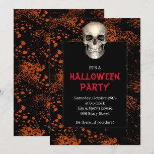 Gothic Skull Oranje Splatter Halloween Party Kaart