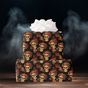 Gothic Skull Red Rose Black Halloween Patroon Cadeaupapier