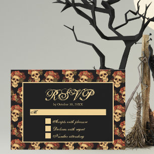 Gothic Skull Red Rose Black Halloween Wedding RSVP Kaartje
