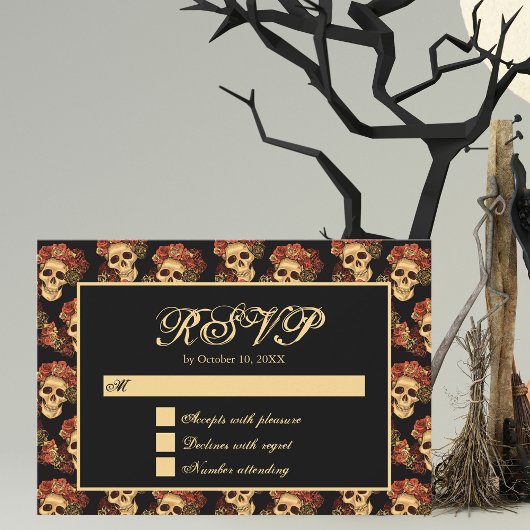 Gothic Skull Red Rose Black Halloween Wedding RSVP Kaartje