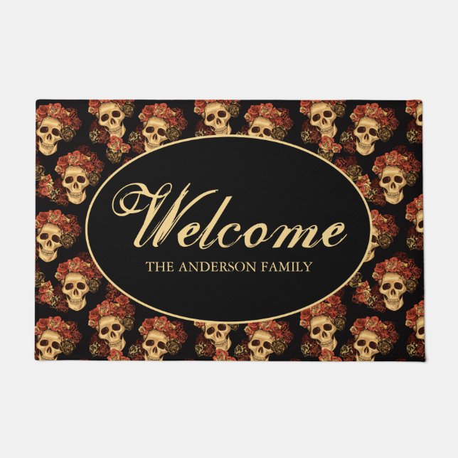 Gothic Skull Red Rose Black Halloween Welkom Deurmat (Voorkant)