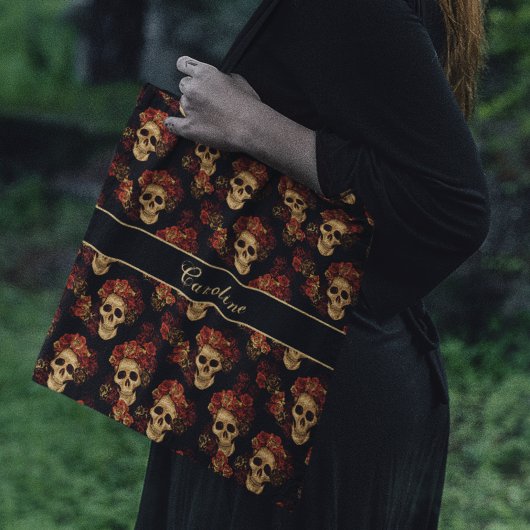 Gothic Skull Red Rose Black Monogram Halloween Draagtas