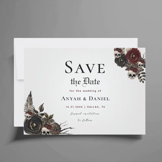 Gothic Skull Red Rose Save the Date Wedding Kaart