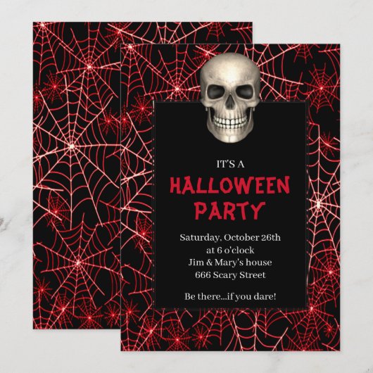 Gothic Skull Red Spider Web Halloween Party Kaart (Voorkant / Achterkant)