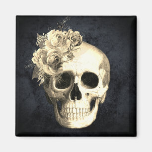 Gothic Skull White Roses Halloween Magneet