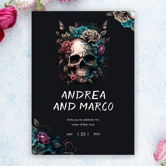 Gothic Skull Zwart en Paarse Rock and Roll Weddin Kaart