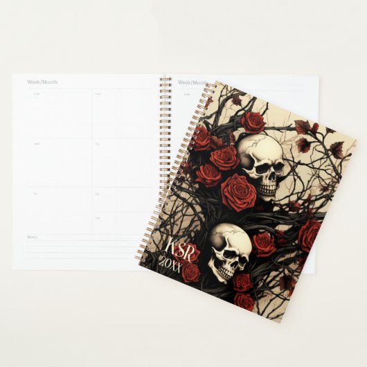 Gothic Skulls and Red Roses Monogram  Planner (Display)