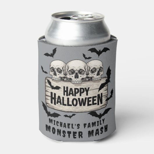 Gothic Skulls Bats Happy Halloween Beer Koozie (Blikje Voorkant)