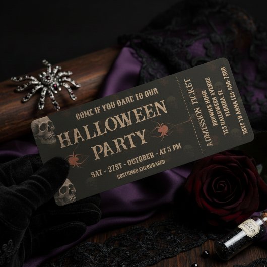 Gothic Skulls & Ravens Dark Halloween Party Ticket Kaart