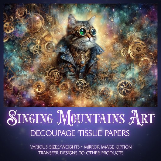 Gothic Steampunk Cat Celestial Voyage Decoupage Tissuepapier